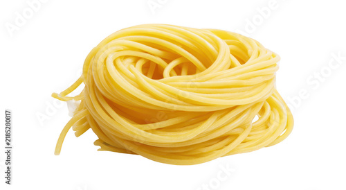 Cooked spaghetti pasta swirl isolated on white background for culinary menu design