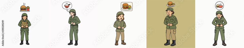 Obraz premium A set of vector illustrations of a female soldier holding her stomach due to hunger and imagining food.