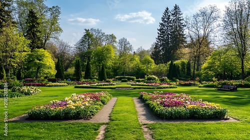 Formal garden with colorful flower beds, gravel paths, and tall evergreen trees