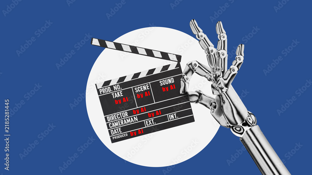 Obraz premium Movie clapper. Retro film clapperboard held by an AI robot. Concept: AI creating creative content.