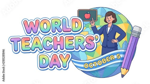 World Teachers’ Day Cartoon Banner with Teacher, Globe, Apple, Pencil, Books, and School Icons