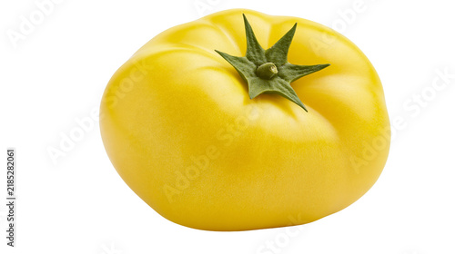 Fotografie Isolated fresh yellow tomato with green stem, ripe and vibrant, healthy organic
