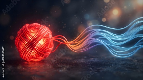 Glowing Red Thread Unraveling into Calm Blue Strands Symbolizing Transition from Tension to Calm