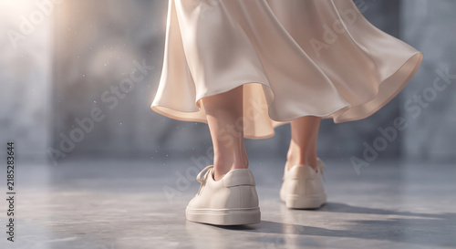 Back view of a woman walking away in white sneakers and elegant silk skirt
