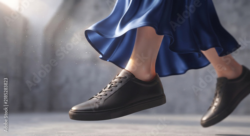 Close up of a woman walking fast in black leather sneakers and silk skirt