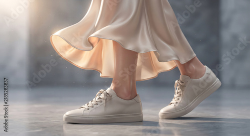 Close up of a woman walking in white leather sneakers and silk skirt