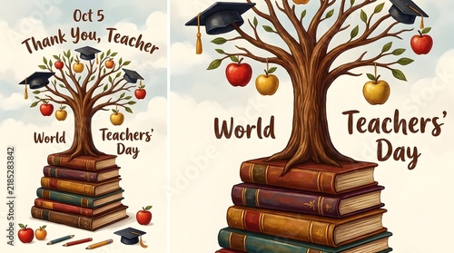 World Teachers Day October 5 Illustration with Autumn Tree Growing from Stack of Books