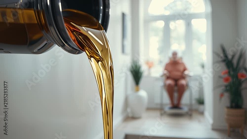 Golden cooking oil pouring from a tilted glass bottle inside a bright white room with plants behind