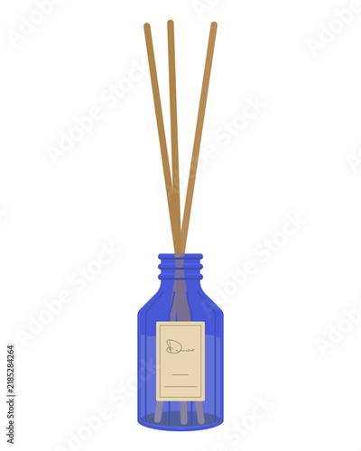 Premium lifestyle home fragrance illustration. Elegant purple aroma diffuser bottle with bamboo sticks for luxury spa, wellness and boutique hotel interior design element. Minimalist line art drawing
