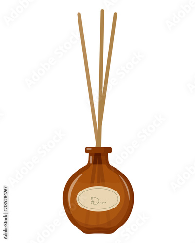 Luxury wellness branding design element. High end round brown fragrance diffuser bottle with wooden sticks for cozy aesthetic home decor and premium aromatic relaxation concept. Linear art sketch