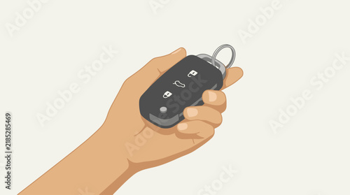 Hand holding vehicle remote control in a flat illustration style view