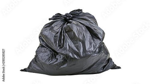 Fotografía Isolated large black plastic garbage bag full of waste tied at the top ready for