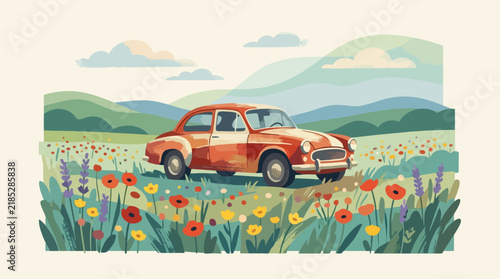 Parked vintage car in a vibrant flower field landscape illustration, side view.