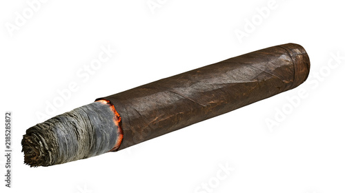 Konstfotografi Isolated lit cigar with dark wrapper and long ash, emitting smoke and glowing em