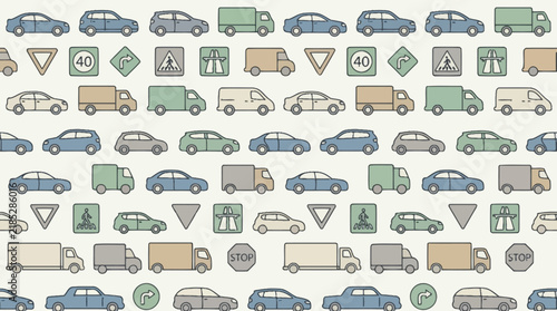 Seamless traffic pattern illustration featuring diverse vehicles and road signs for KFA Pro design projects
