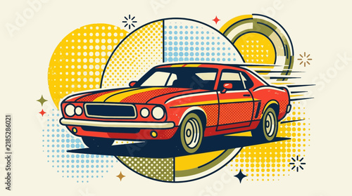 Fast movement of a KFA Pro vintage muscle car in a graphic art environment view
