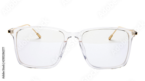 Obraz na plátne Isolated stylish modern clear transparent square frame eyeglasses with sleek gol