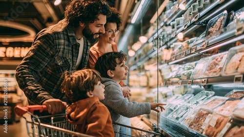 Young family shopping together in supermarket aisle and selecting items from refrigerated case
