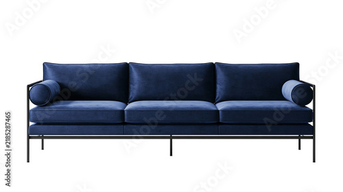 Cuadro en lienzo Isolated modern three-seater blue velvet sofa with black metal frame and bolster