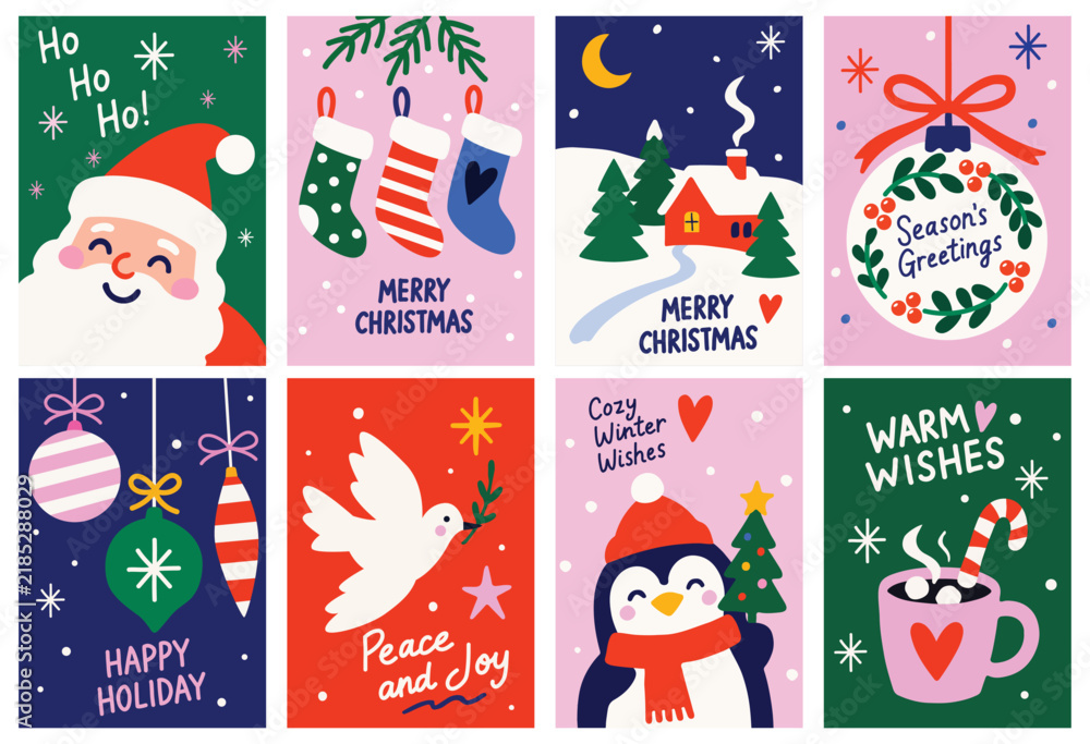 Fototapeta premium Colorful collection of modern Christmas and winter holiday greeting cards featuring Santa Claus, festive stockings, snowy house, Christmas ornament, dove, penguin, hot cocoa and seasonal decorations.