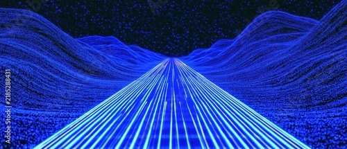 Abstract digital landscape with glowing blue light lines and futuristic data terrain.