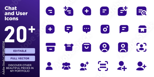 Chat and User Vector Icons Set, Modern Solid Profile, Group, and Message Icons for Web and Mobile App