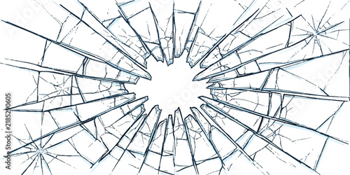 Broken glass texture with cracks and shattered pieces in a radial pattern design