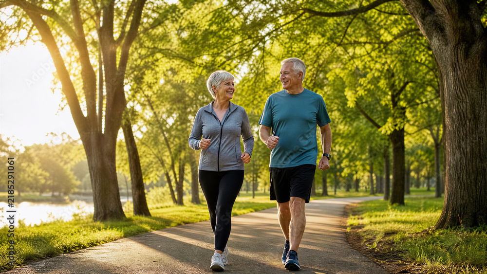 Obraz premium Active senior couple jogging in sunny park. Mature man and woman running on path for fitness. Healthy elderly lifestyle in nature.
