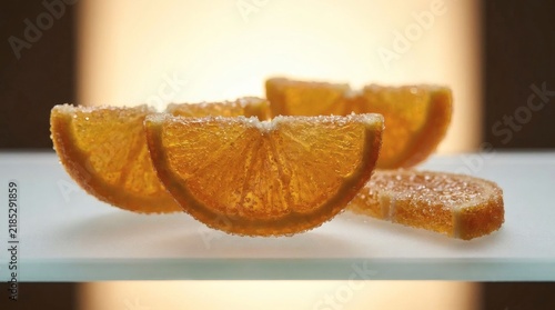 Vibrant glistening orange slices made of sugar and gelatin with backlighting to highlight transparency and sweet texture