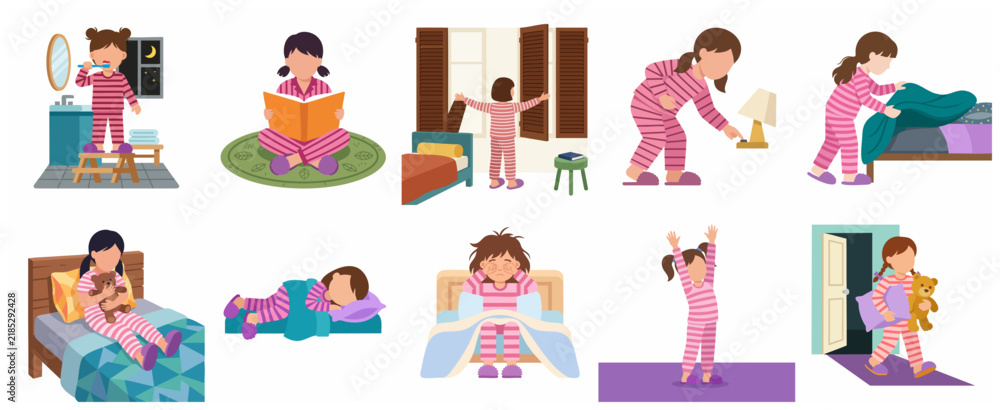 Fototapeta premium Collection of illustrations depicting a young girl's daily morning and bedtime routine activities in pink pajamas