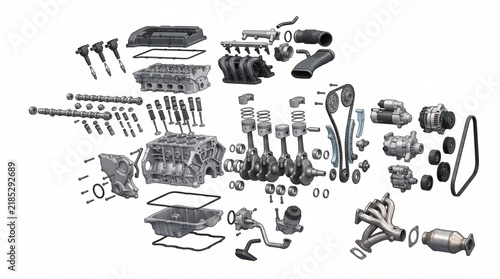 Exploded View Car Engine Components Technical Illustration