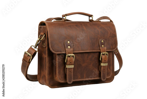 Brown Leather Satchel Bag with Brass Hardware on Black Background