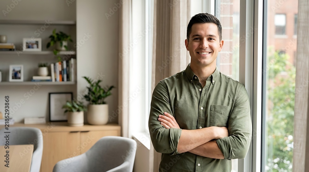 Fototapeta premium Smiling young man standing with arms crossed in a bright modern home office interior.