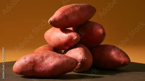 Pile of raw red sweet potatoes stacked on wooden surface.