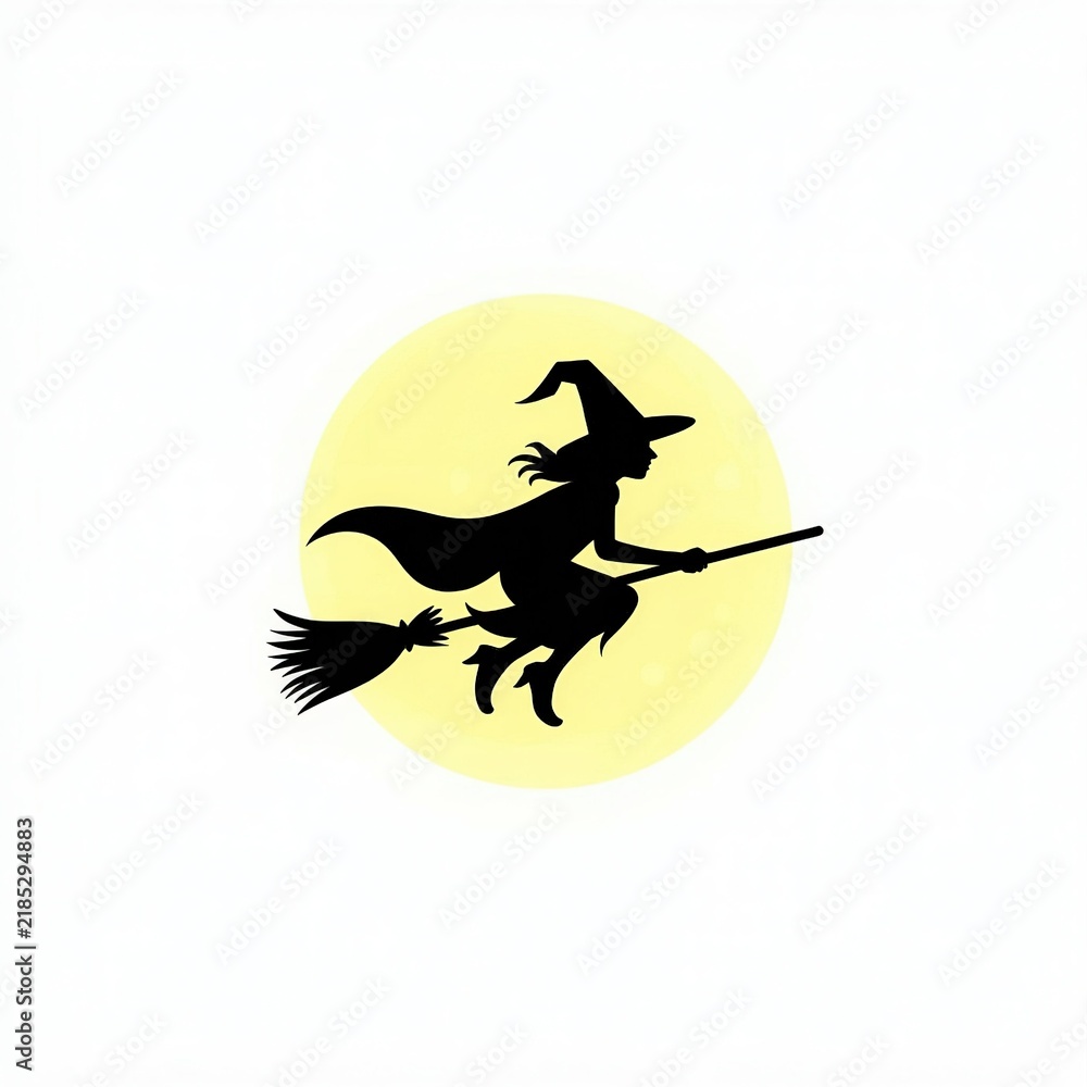 Fototapeta premium Black silhouette of a witch flying on a broomstick against a full moon