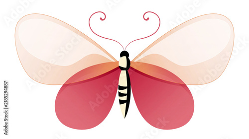 Isolated vibrant stylized butterfly with layered translucent red and orange wings and curly antennae.
