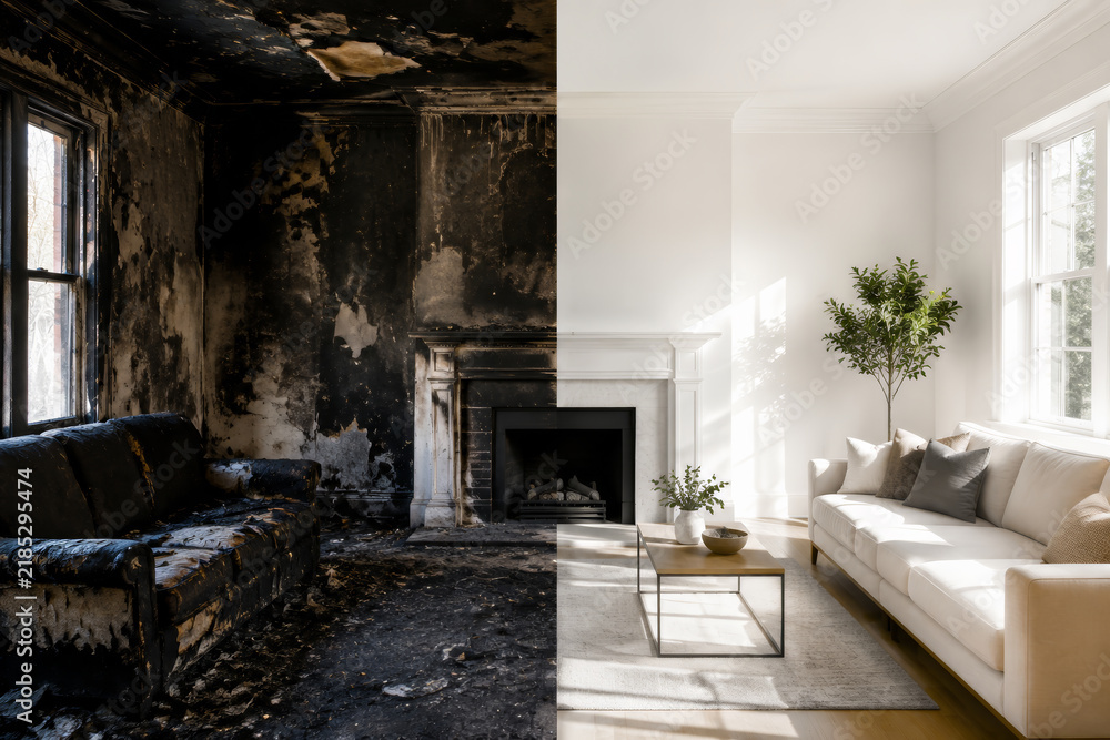 Obraz premium Living room showing fire and smoke damage with soot stains and peeling paint on walls