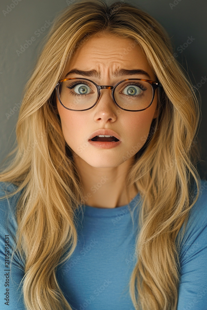 Obraz premium A woman wearing glasses and showing surprise on her face. vertical frame