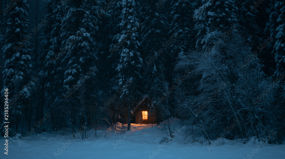 Obraz premium Warmly Lit Cabin Window in a Snowy Forest at Blue Hour