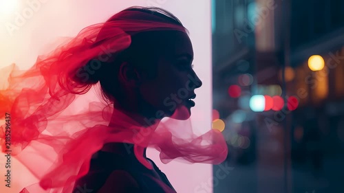 Side profile silhouette of a woman wrapped in flowing red translucent fabric against blurred city lights