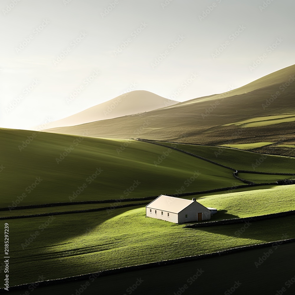 Obraz premium Lone farmhouse nestled in serene rolling green hills under a bright sky