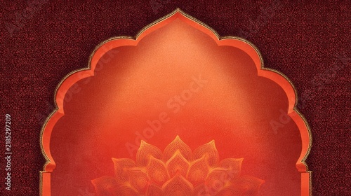 Ornate Indian arched doorway frame in vibrant orange with carved floral details, hanging lamps, lotus accent, warm gold highlights, rich texture, centered symmetry, cultural decor