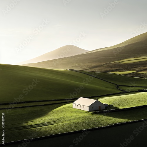 Lone farmhouse nestled in serene rolling green hills under a bright sky