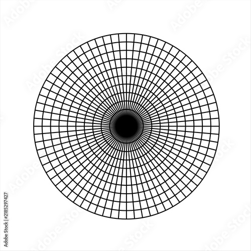 Polar grid of 10 concentric circles and 5 degrees steps. Blank vector polar graph paper.