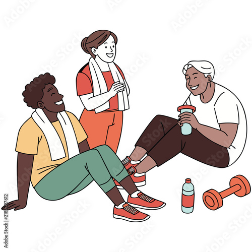 Diverse group of happy friends resting after a gym workout session