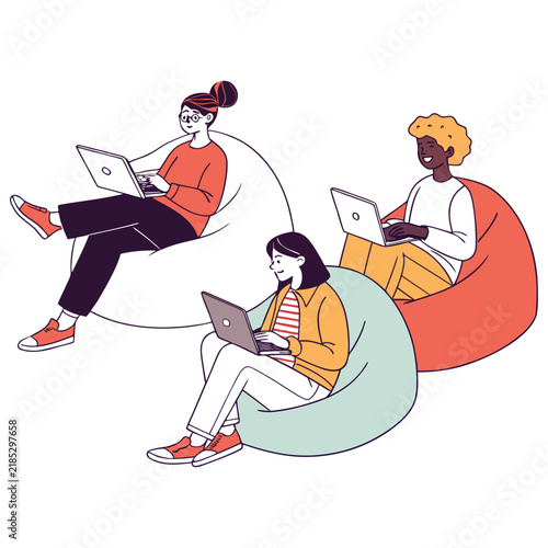 Diverse young people sitting on colorful beanbag chairs using laptop computers for remote work and digital communication