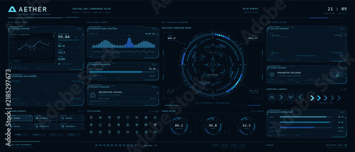Blue tactical HUD interface with targeting radar and telemetry