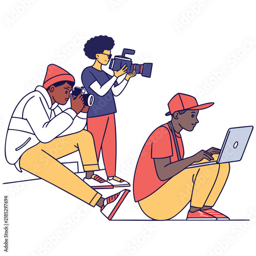 Group of creative professionals working together with cameras and laptop computer on a transparent background