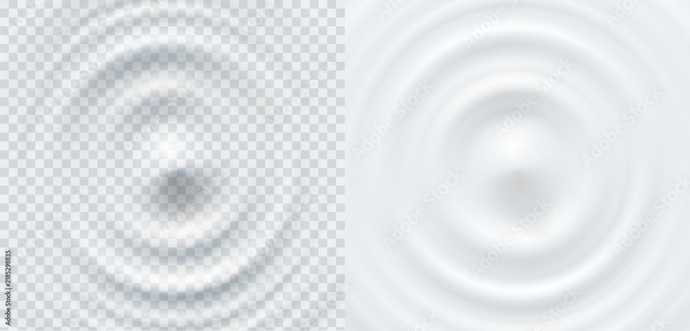 Obraz premium Milk circle ripple and splash water waves from drop isolated on transparent background. Vector cream, shampoo or milky product swirl round texture. Sound impact effect top view