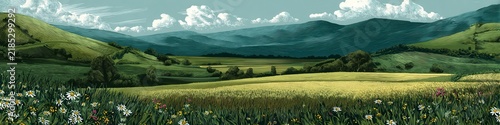 Engraved style panoramic rural landscape with rolling green hills, sunlit meadows, and distant horizon, with landscape, hill, meadow, panorama detail, showing engraving, stipple, hatching, rolling